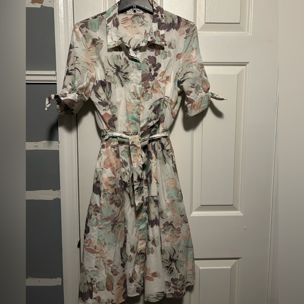 Calvin Klein Floral Long Sleeve Dress - Cream and Purple